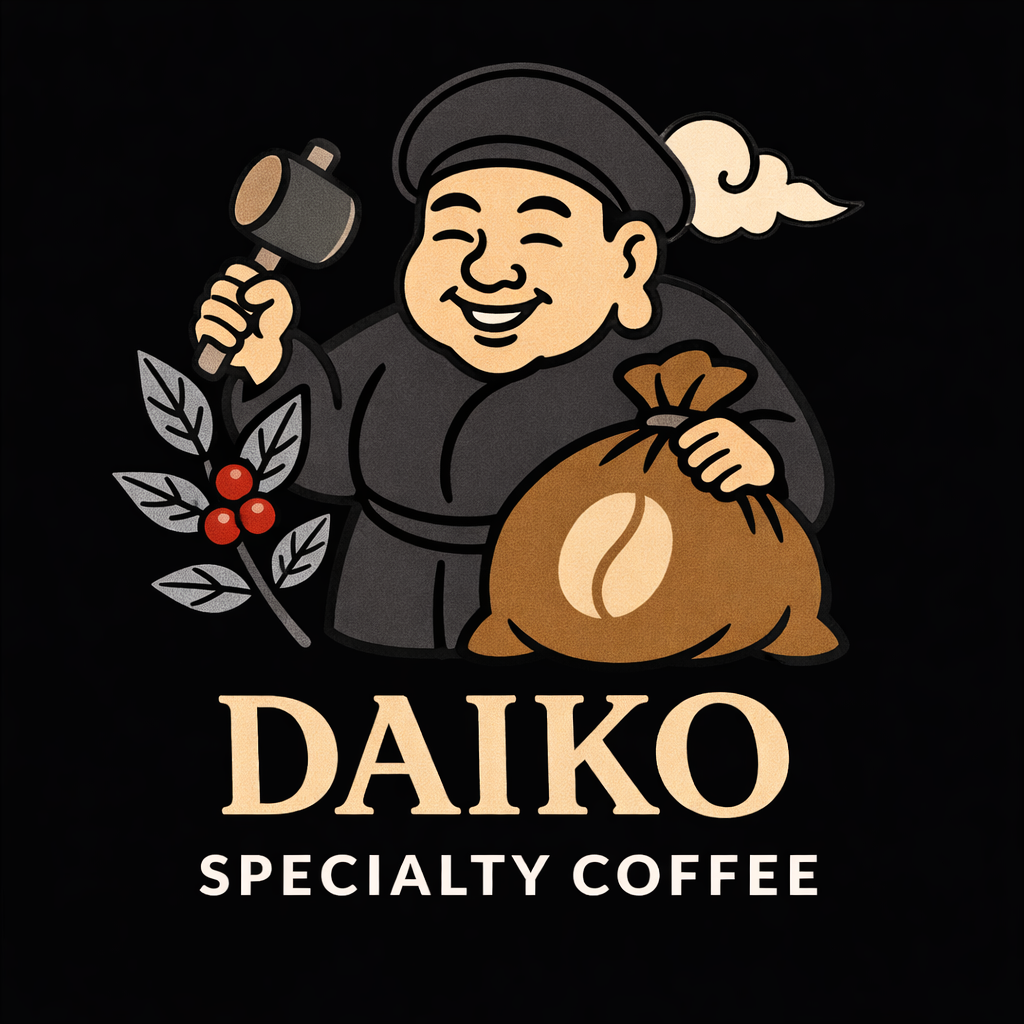 The Daiko mascot — a smiling figure holding a coffee cup and sack of beans